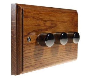 Classic Wood 3 Gang 2Way Push on/Push off 3 x 250W/VA Dimmer Switch in Medium Oak with Black Nickel Dimmer Caps
